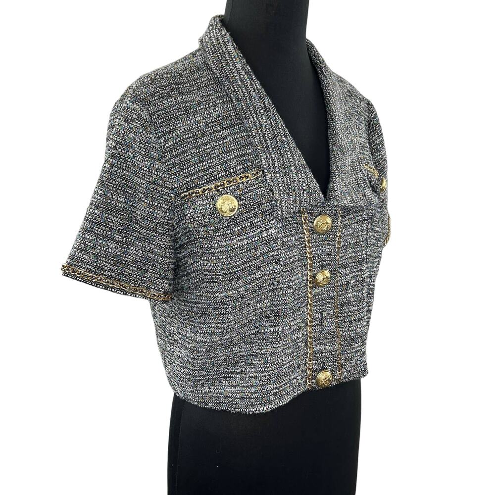 ALEXIA ADMOR Tweed Multi Color Gray Cropped Jacket Collared Gold Button Front 10